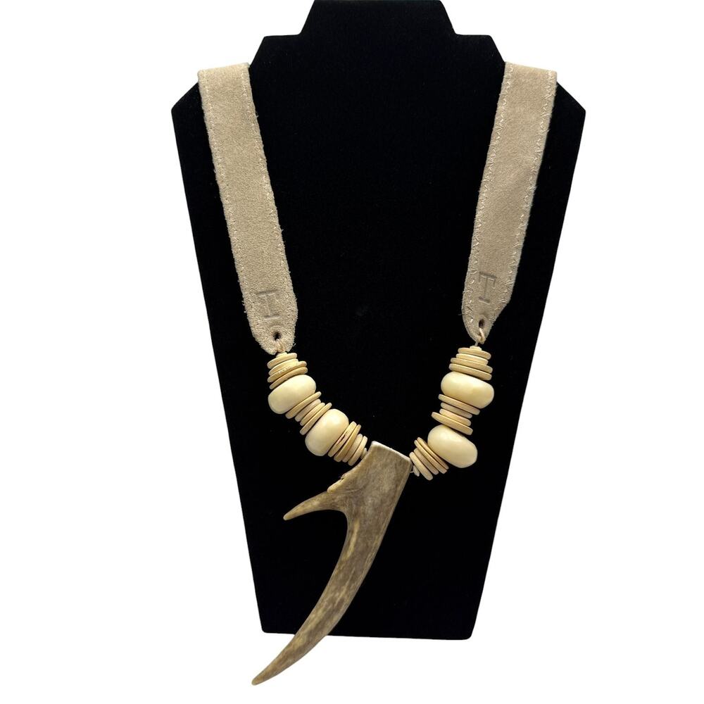 Twine & Twig Antler Horn & Bone Bead Suede Strap Statement Necklace Tribal 28"